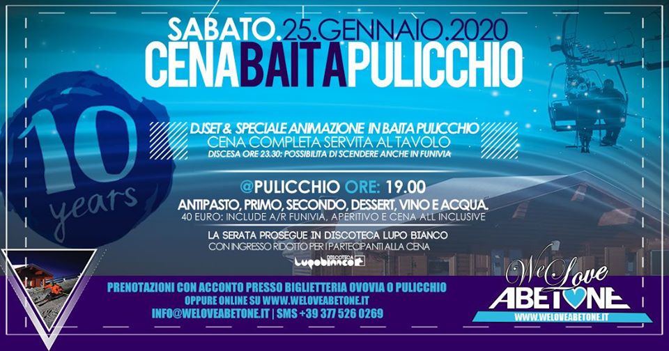 Cena Baita Pulicchio: WeLoveAbetone 10 Year – 25 Gennaio 2020